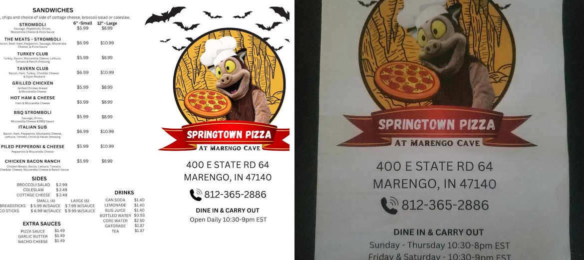 Springtown Pizza at Marengo Cave Menu