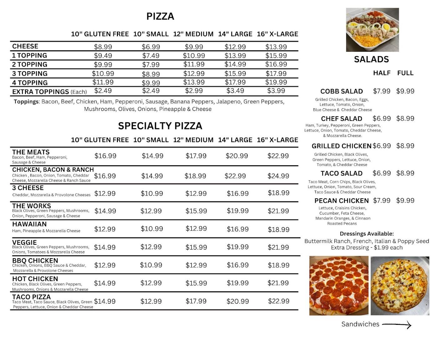 Springtown Pizza at Marengo Cave Menu